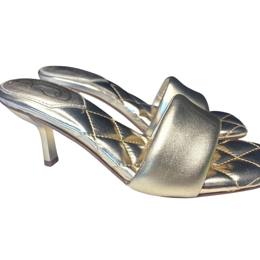Sam Edelman Starla Heeled Sandals Gold Leather Quilted Footbed Size 7 New In Box - Picture 7 of 11